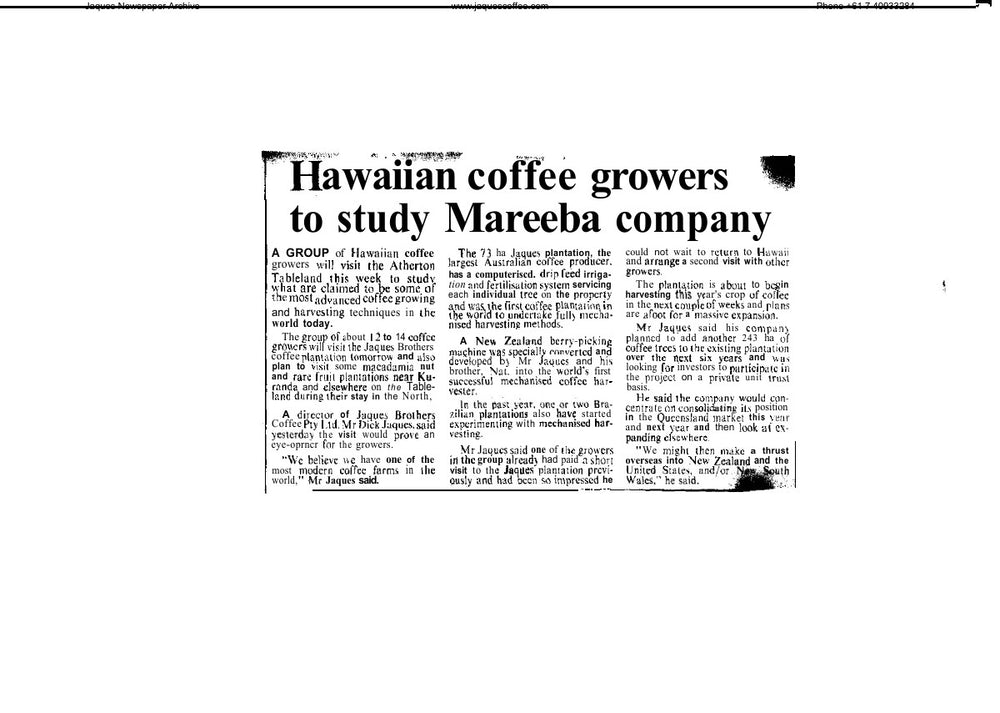 Hawaiian coffee growers to study Mareeba company