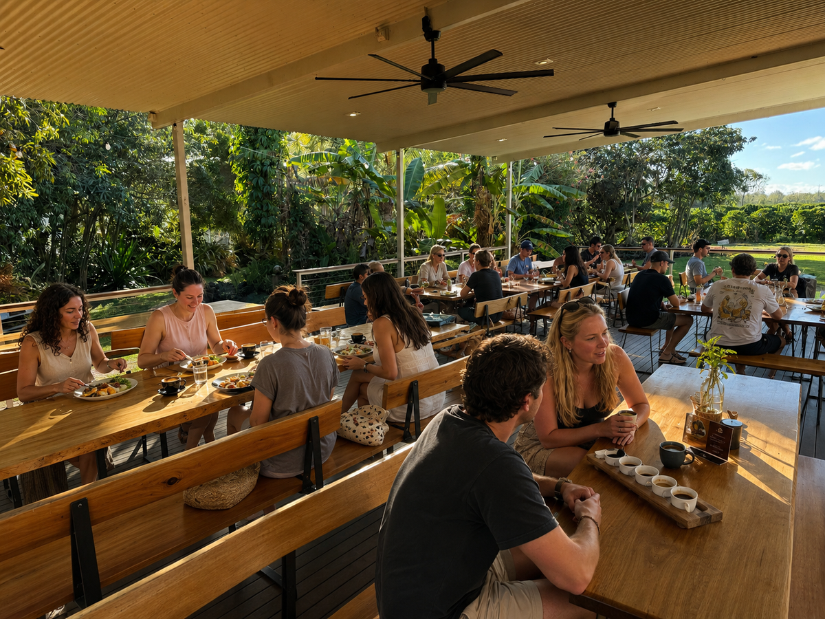 Guests seated at long tables on the covered deck at Jaques Coffee Plantation